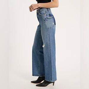 Express Wide Leg High Rise Blue Denim Jeans Pants Ripped Shadow Pocket Stretch